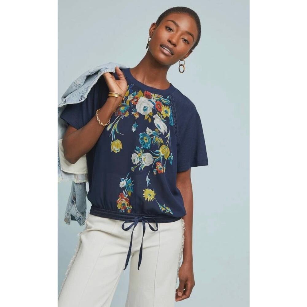 Tiny By Anthropologie Womens M Blue Multi Carley Floral Cinch Waist Boho Top